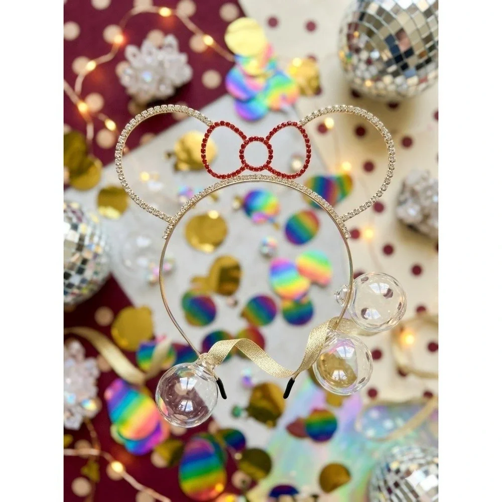 Rhinestone Mouse Ears Gold‎ Headband Red Bow Crystal Hair Accessory Kids